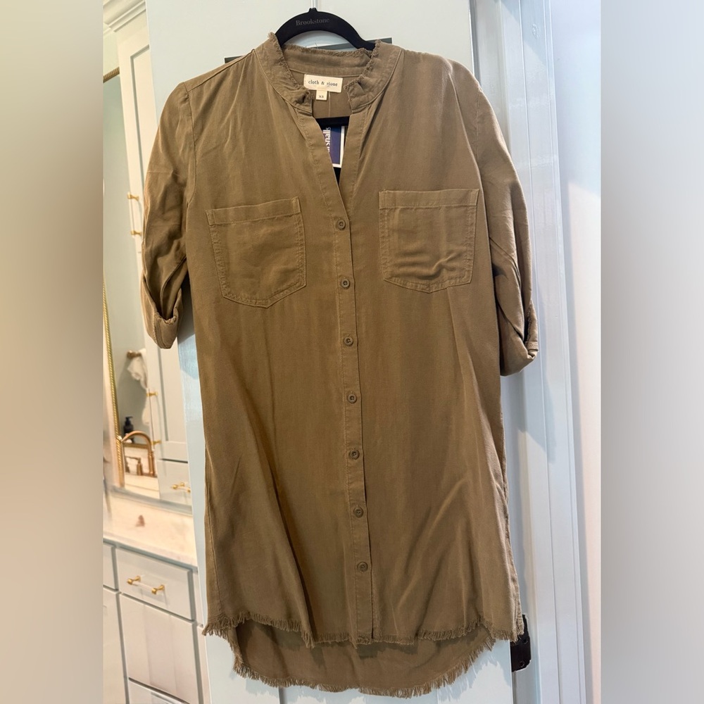 Cloth & Stone Casual Denim Shirt Dress Womens fringe green XS NWT Anthropologie